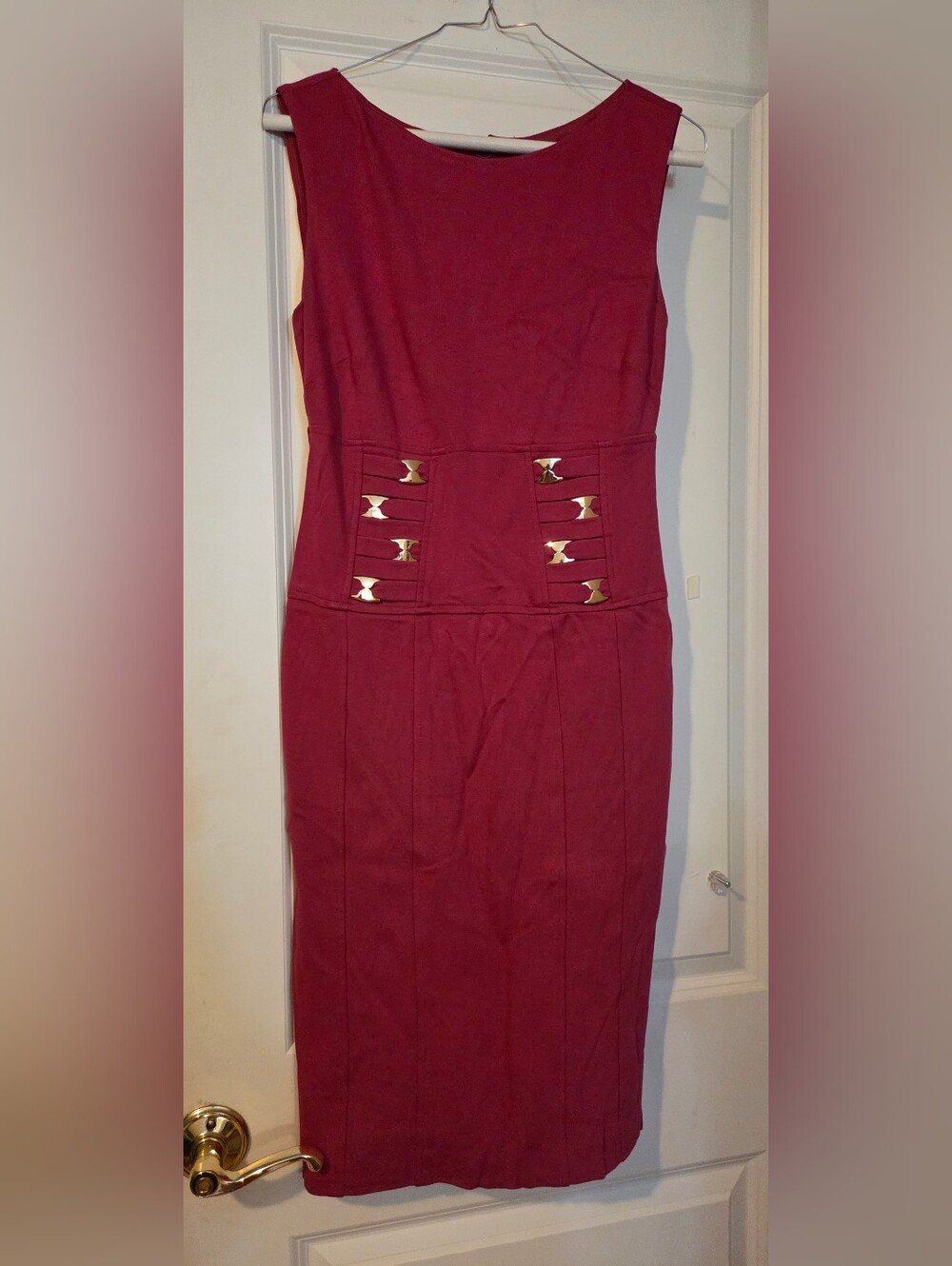 Cache Sleeveless Burgundy Sheath Dress with Gold Cutout Accents